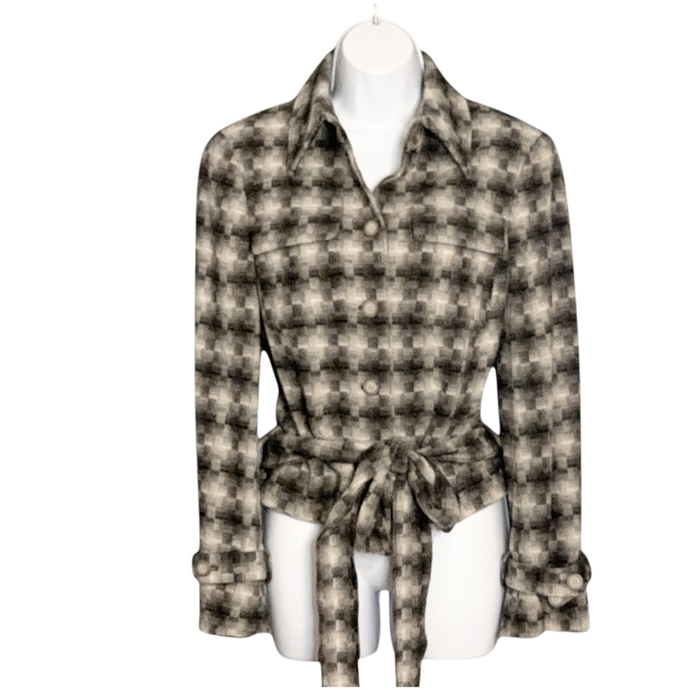 WORTH Belted Wool Jacket Long Sleeve Brown Gray Check Pockets Short Size Small
